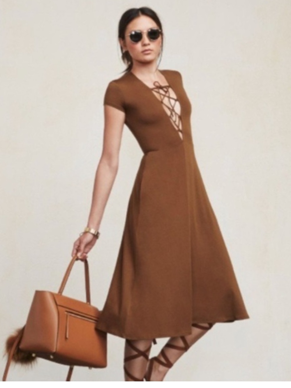 Reformation Sandy Lace Up Midi Dress Brown XS Tencel Cottagecore